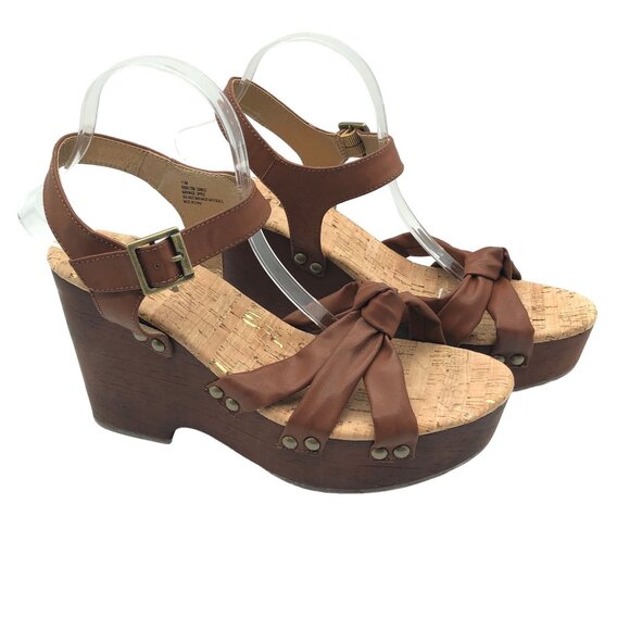 Korks Brown Cork Dawson Wedge Sandals Ankle Strap & Bow Faux Leather 11 M - Picture 1 of 7
